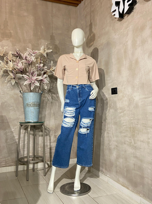 Pantalón Culotte Fit Azul Oscuro con rotos